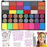 Kinderschminke Set, Theaterschminke Kinder, Bodypainting Farben Wasserbasis, 42 Farben Schminkpalette, 4 Berufs Pinsel,5 Vorlagen und 2 Diamant-Aufkleber für Halloween Karneval Schminke