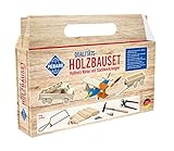 Pebaro 465 Holzbauset im Tragegriff-Karton, 21 Teile, praktische Kofferverpackung, für kreative Baumeister, inkl. Vollholz Naturstäben und Werkzeug, Basteln, Geschenkidee für Kinder