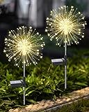 Joysing Gartendeko Solar Gartenleuchte Außen, 2 Stück 120 LED Solarleuchten Feuerwerk, 8 Modi Solar Pusteblume Gartenstecker Wasserdicht Solarlampen für Garten Rasen Terrasse Deko - Warmweiß