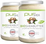 purSHEA-Bio Sheabutter (2x500ml) GLAS-Unraffiniert -Naturbelassen Ohne Zusätze Vegan Parfümfrei- 100% Reine Bio-Sheabutter Plastikfrei im Glas -Shea Butter- Premium Qualität (A+)