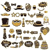 38 Stück Fotobox Accessoires, Fotobox Zubehör für Hochzeiten, Geburtstage, Partys, inklusive 38 Karten und 38 Bambusstäbe mit Klebepunkten, Goldene Dekoration für und Foto Booth﻿