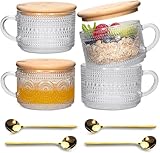 Litimkat 4Pcs Vintage Kaffeetassen,Latte Macchiato Gläser, mit Deckel und Löffel, Frühstückstassen, für Cappuccino, Latte, Müsli, Milch, Geburtstag, Weihnachtstagsgeschenk