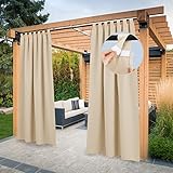 PONY DANCE Outdoor Gardinen Wetterfest 2er Set H 213 x B 132 cm Outdoor Vorhang mit Abnehmbaren Schlaufen Wasserdichte Outdoorvorhänge Sonnenschutz für Terrasse, Biscotti Beige