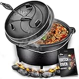 grillas Dutch Oven Set inkl. Rezeptideen | bereits eingebrannt - preseasoned | Feuertopf Gusseisen I Bräter mit Deckelheber und Henkel (Topf mit Füße, 7,3 Liter / 6 QT)