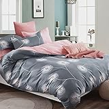 Bettwäsche 135x200 Baumwolle Set 4teilig Grau Rosa Blumen Muster Wendebettwäsche mit Reisverschluss Weiche Stoffqualität für Sommer und Winter 135x200cmx2 + 80x80cmx2