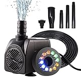 Springbrunnenpumpe Aussen mit LED, Teichpumpe Klein für Miniteich, Aquarium Pumpe Leise, Springbrunnen Pumpe Klein mit Licht, Wasserspiel Garten Deko Wasserfall Teich Brunnen Gartenteich 750L/H 15W(C)