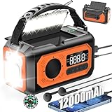 12000mAh Kurbelradio mit Handyladefunktion Solar,2 Sonnenkollektoren,AM/FM Radio Kurbel Notfall,3 Lademethoden 7 in 1 Tragbares Notfallradio,SOS,Taschenlampe,Kopfhöreranschluss,Leselampe (Orange)