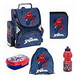 PASO - Schulranzen für Jungen, 5er-Set - Schul-Rucksack für Kinder mit Federmäppchen - Schuhbeutel Brotdose und Trinkflasche - Spiderman Motiv - 1-3 Klasse