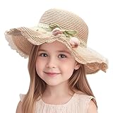 FOSDICK 1 Stück Strohhut Kinder, Niedlich Sonnenhut Mädchen, Strohhut Mädchen, Sommerhut Kinder mit Blumen Perle Deko, Sommerhut Mädchen, Straw Hat für den Urlaub Reise Strand Outdoor-Aktivitäten,Rosa