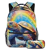 Schulranzen-Set - Art Turtle Rainbow Sky Cartoon 153 Rucksack mit Federmäppchen Combo, ideal für Schüler, Jungen und Mädchen, Art Schildkröte Regenbogen Himmel Cartoon, Größe L