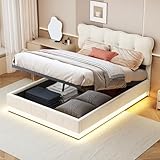 JiaOyu Polsterbett 140x190 cm, LED Bett mit Stauraum & Lattenrost, Doppelbett mit Gepolstertem Kopfteil, Seniorenbett Jugendbett Mädchen Bett, Hydraulisch, Samt, Beige (Beige, 140X190CM)