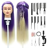 Trainingsköpfe, 28 inch Frisierkopf 100% Synthetikfaser-Haar Übungskopf, Frisurenkopf Ausbildung Kopf Mit Halter + DIY Haar Styling Braid Set (Lila weiß)