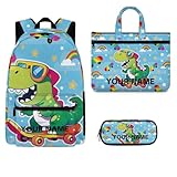 Watdotory Personalisierbares Rucksack-Set für Teenager, 3-teilig, leichte Büchertasche mit Canvas-Tragetasche und Federmäppchen, Dinosaurier-Skateboard, Einheitsgröße, Lässiger Tagesrucksack