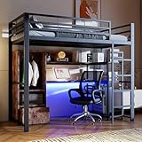 TOBIDOEN Jugendbett Hochbett 90x200 cm mit Trennwände und Vierstufigen Leiter, Offene Staufächer & Kleiderschrank, LE/D Metallbett mit Schreibtisch, Ohne Matratze, Schwarz