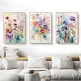 Herfair Bilder Wohnzimmer 3er Set, Bunt Blumen Poster Schlafzimmer Wandbilder, Stilvolle Aesthetic Deko Leinwand Bilder, Ohne Rahmen Wanddeko Poster (40 x 50 cm)