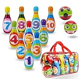 MandA® Bowling Set für Kinder ab 2 Jahren – Kegelspiel mit Tragetasche – 10 Bunte Kegel (14 cm) & 2 Schaumstoffbälle – Indoor & Outdoor Spielzeug – Geschenk für Jungen & Mädchen (2–6 Jahre) - Kleine.