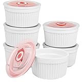 Porzellan-Auflaufförmchen mit Deckel, ofen- und spülmaschinenfest, elegante weiße Keramik-Backformen, für Creme Brulee, Souffle, Saucen, Desserts, 237 ml, 6 Stück