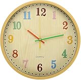 WUWEOT Wanduhr Kinder Lautlos 30cm Kinderwanduhr Wall Clock Modern Quartz Wanduhr für Jungen und Mädchen Farbenfrohe Wanduhr mit Arabisch Ziffer für KInderzimmer Klassenzimmer Schule Rund Gelb