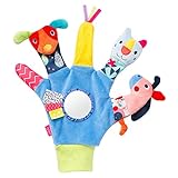 Fehn Spielhandschuh Color Friends – Fingerpuppen Baby Spielzeug Hund, Katze und Pferd zum Greifen & Geräusche erzeugen – Handpuppen für Babys ab 0+ Monaten - Puppenhandschuh mit Rassel & Quietsche