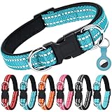AUAUY Reflektierend Halsband Hund, Verstellbares Atmungsaktives Hundehalsband, Weich Gepolstertes Neopren Nylon Hunde Halsband mit AirTag-Hülle Doppel-D-Ring für Kleine Mittel Große Hunde(Blau-S)