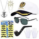 18-teiliges Set KapitäNsmüTze Herren Captain'S Caps Men'S Sailor Cap Sailor'S Cap For Men Captain MüTze KapitäN MüTze Mit 1 Sonnenbrille 12 Falscher Bart 1 Handschuhe 1 Abzeichen 1 Pfeife 1 Halskette