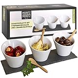 Moritz & Moritz 3x Weiße Dipschalen Set mit Schieferplatte - Dip Schälchen für Snacks - Snack Schalen Set Keramik - Dip Schalen Set - Kleine Schüsseln als Saucenschälchen, Snackschalen, Dessertschalen