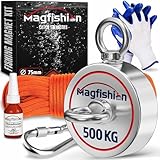 MAGFISHION Magnetfischen Set - 500 KG (2 x 250kg) - Ø75mm - Neodym Magnet mit Seil (20M) & Handschuhe - Magnet Fischen Angel - Ösenmagnet - Fishing Magnetangel - Magnetangeln Set