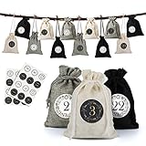 Naler 24 x Jutesäckchen Adventskalender Stoffbeutel mit Zahlenaufkleber Jute Beutel Natur Säckchen Geschenksäckchen für Weihnachten - Schwarz/Creme/Hellgrau