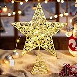 Weihnachtsbaumspitze mit 20 LED, Christbaumspitze Stern, 18 x 22cm Gold Glitzernde Stern Baumspitze Tannenbaum Kunststoff,Weihnachts Ornament Topper Beleuchtete Dekorationen für Weihnachtsbaum