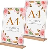 2 Stück Tischaufsteller A4 Holz L Form Aufsteller Tischständer Doppelseitiger Vertikaler Tischaufsteller Ständer Menükartenhalter Acryl L-Ständer mit Holzfuß für Prospekte Menükarte Werbung Fotorahmen