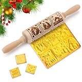 Weihnachten Geprägt Teigroller, Teigroller Nudelholz mit Muster, Nudelholz Mit Muster, 3D Holz Teigrollers, Präge Nudelholzs Backzubehör für Backen Von Gebäck, Kuchen, Keksen, Fondant