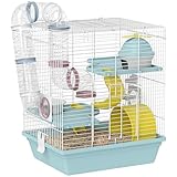 PawHut Hamsterkäfig, Nagerkäfig auf 3 Ebenen, mit Laufrad, Spieltunnel, Futternapf, Hütte, Leiter, für Zwerghamster und Wüstenrennmäuse, 34,5 x 27,5 x 41 cm, blau