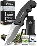 BERGKVIST® K10 Klappmesser (Zweihandmesser) - scharfes Taschenmesser für Outdoor & Survival mit Feuerstahl & Tasche - Mitführen in Deutschland erlaubt - Stahlglanz