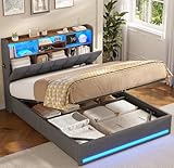 Polsterbett 140×200cm Hydraulisches Stauraumbett mit LED-Bleuchtung Jugendbett mit USB- und Type-C-Anschlüsse Doppelbett Bettgestell mit Holzlatten, Leinenstoff, ohne Matratze (Dunkelgrau, 140x200cm)