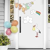 GLÜCKSGUT® Klapperstorch & Wolken, 30 cm | 6-teiliges Set | Geburtsstorch + 2 Wolken + Girlande + Ballons | Baby Türschild Wandmotiv personalisierbar | Storch Geburt Draußen Drinnen | Geburtsgeschenk