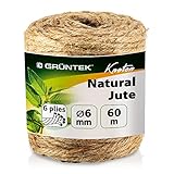 GRÜNTEK Garten Juteschnur 6mm Dicke, Bindegarn, Gartenschnur, Bastelschnur Kordel Rolle mit 60m, 100% Jutegarn Naturfarbe