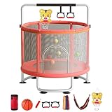 yoakaiax Trampolin, 12 m, verstellbares Kleinkind-Trampolin mit Basketballkorb, Schaukel, Sandsack, Ozeanbälle, 200 kg, für drinnen und draußen, Baby-Trampoline mit Netz, Rosa