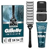 Gillette Intimate Rasierset für Männer, Rasierapparat Herren + 8 Rasierklingen + 2in1 Rasier- und Duschcreme für den Intimbereich (177 ml) + Inklusive Duschhalterung & Reiseetui, Geschenk für Männer