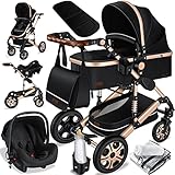 KESSER® Loops 3 in 1 Kinderwagen Kombikinderwagen Komplett-Set inkl. Babywanne & Buggy Sportsitz & Auto-Babyschale Voll-Gummireifen Wickeltasche Regenschutz Kindertisch ECE R129, Schwarz/Champagne