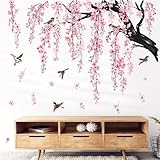 wondever Wandtattoo Kirschblüte Rosa Baum Ast Groß Wandaufkleber Hängende Blumen Blüten Vögel Wandsticker Wanddeko für Wohnzimmer Schlafzimmer Sofa Hintergrund