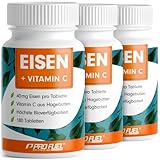 Eisen mit 40mg natürlichem Vitamin C - Eisenbisglycinat (Eisen-Chelat) mit 40mg Eisen optimal hochdosiert - Höchste Bioverfügbarkeit - Ohne unerwünschte Zusatzstoffe, 100% vegan (3x 180 Tabletten)