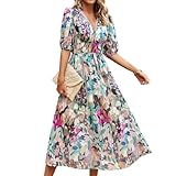 BSLVWG Bohemian Maxi Kleid Damen V-Ausschnitt Blumendruck Hohe Taille Boho Sommer Strand Flowy Swing Urlaub Lange Midi Kleider (DE/NL/SE/PL, Alphanumerisch, M, Regular, Regular, Bunt)