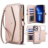 Asuwish Handyhülle für iPhone 13 Pro Hülle mit Band Folie Schutzfolie RFID Kartenfach Klappbar Leder Blumen Geldbörse Ständer i 13Pro Prohülle Handyhüllen Handy Hüllen Schutzhülle Phone Case Rosegold