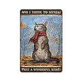 Retro Metall Blechschild Herbst Blätter und Katze What A Wonderful World Poster Herbstblätter Wandkunst 8 x 12 Zoll Home Bar Pub Shop Dekorationen Esszimmer Küche Kaffee Vintage Schild Geschenk