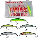 Paradox Fishing Wobbler Set I 5 Stück 8,0g 8,8cm mit Box I Hecht Köder Zander Köder Barsch Köder