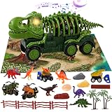 Dinosaurier LKW Spielzeug, Dinosaurier Skelettauto mit Geräuschen und Lichtern, 6 Dino Figuren, 4 Mini Dino Autos, Aktivitätsspielmatte, Eier und Bäume, Dinosaurier Spielset für Jungen und Mädchen