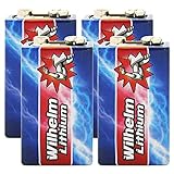 4 x Wilhelm Lithium 9V Block Batterie Rauchmelder Feuermelder 6LR61 9 Volt Batterien Longlife