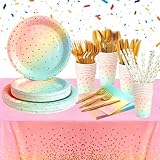 KAKMWAII Partygeschirr Kindergeburtstag, 161 Stück Regenbogen Partyzubehör Pappteller Set, Wiederverwendbar Papier Geschirr Set mit Teller Becher Servietten Strohhalme Gabellöffel - 20 Gäste