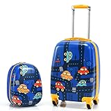 DREAMADE Kinderkoffer Jungen mit Rucksack 18'+12', 2 TLG. Kinderkoffer Set, Kindergepäck Trolley, Kindertrolley Jungen & Mädchen, Reisetrolley mit Rollen (Dunkelblau-Auto, 18 Zoll + 12 Zoll)