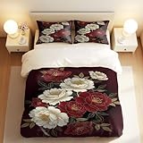Luxuriöses Bettbezug-Set mit Blumenmuster, tiefroter Hintergrund, 3-teiliges Bettwäsche-Set für Schlafzimmerdekoration (01, King 240 x 220 cm + 65 x 65 cm x 2)